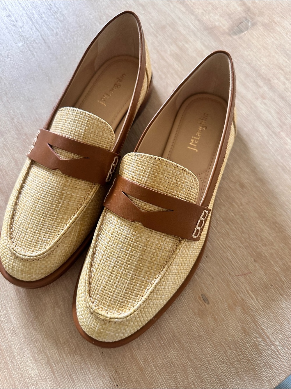 J.Mclaughlin Cream Raffia & Brown Leather Penny Loafers sz. 7.5